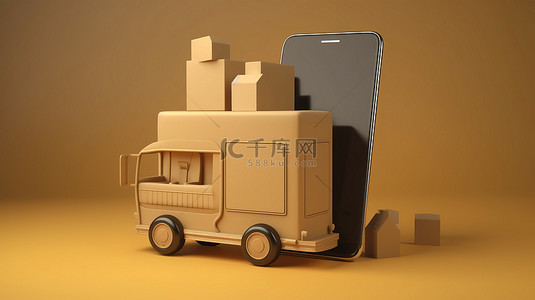 3D 智能手机卡车笔记本电脑购物袋和送货运输图标在线购物