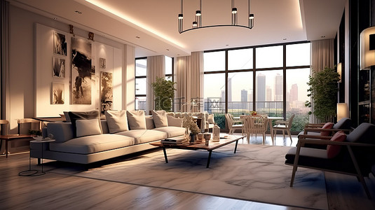 公寓或公寓中现代生活空间的令人惊叹的 3D 渲染