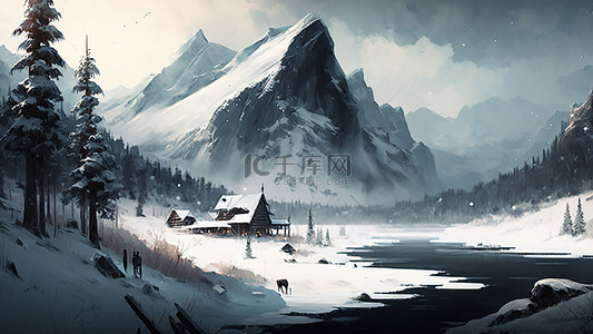 蓝色雪山背景图片_冬天雪山房子