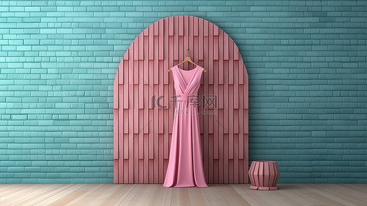 在海蓝宝石砖墙背景下放置的粉色木裙屏风的 3d 渲染