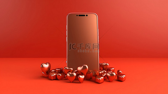 红色背景上的心的 3D 插图，带有青铜智能手机和复制空间
