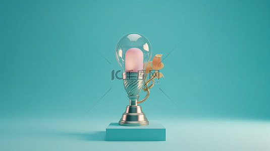 插画奖杯背景图片_浅蓝色背景，装饰有 3D 渲染的奖杯徽章和灯泡