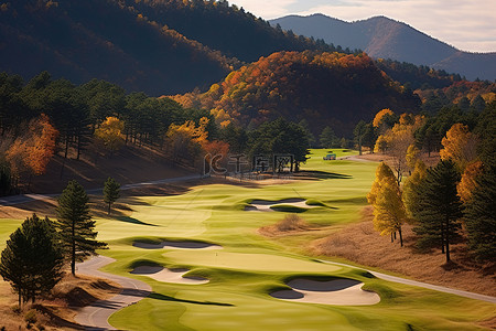 南杨州背景图片_秋天，高尔夫球场周围绿树成荫