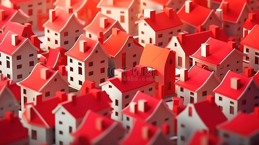 带有房屋和问号横幅的房地产市场背景的 3d 插图