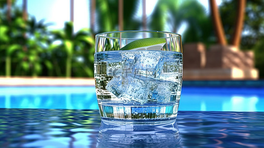 沙冰背景图片_热带茶点 3D 渲染一杯冰冷的水与立方体在宁静的环境中