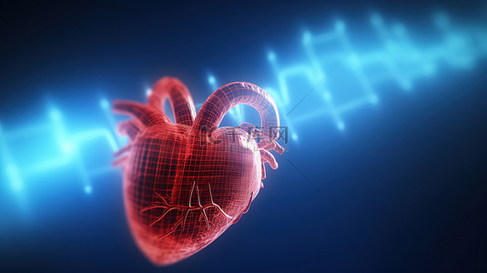 3d 渲染红心设计与蓝色背景上的心电图