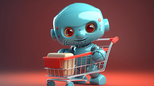 可爱的机器人与购物车 3d 渲染在线购物概念