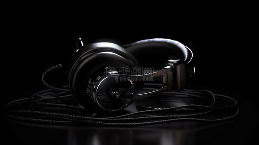 3D 黑色复古耳机，独立黑色背景，带有白色照明标志性图像