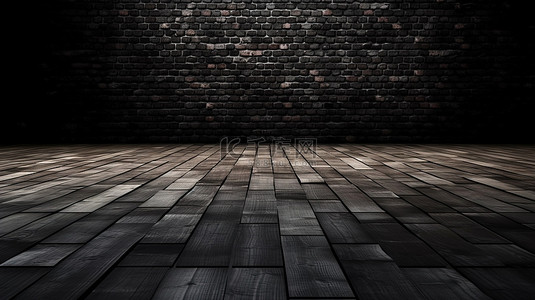 砖墙背景与黑色木地板的 3D 渲染