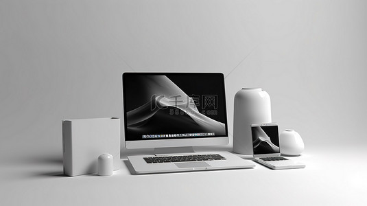 电子屏样机背景图片_白屏笔记本电脑和手机的 3D 渲染