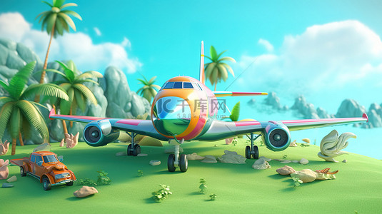 3D 渲染的卡通飞机与令人兴奋的旅行横幅