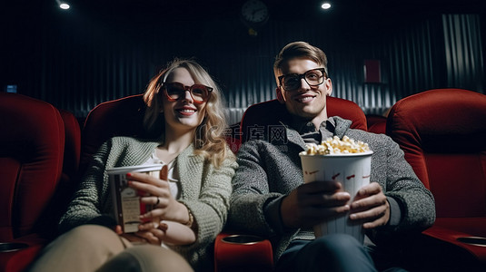 幸福的一对戴着 3D 眼镜，坐在舒适的扶手椅上享受爆米花，在灯光昏暗的剧院里观看大屏幕上的电影