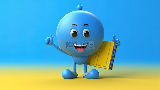 手册压痕背景图片_黄色背景，带有 3D 渲染的吉祥物，拿着篮球和蓝色的书