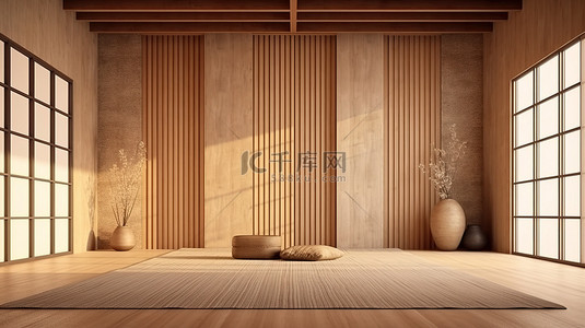 禅宗与传统日本设计的当代融合最小的木制房间，配有榻榻米垫和墙壁 3D 渲染