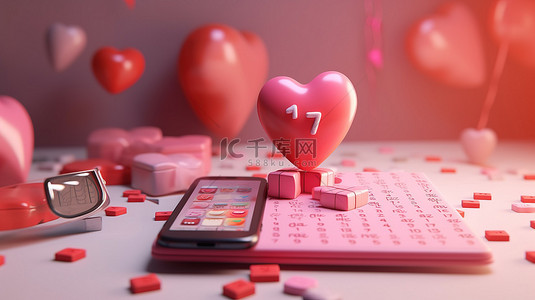 蓝色日历背景图片_3D 情人节背景，具有心形智能手机日历和爱情表情符号