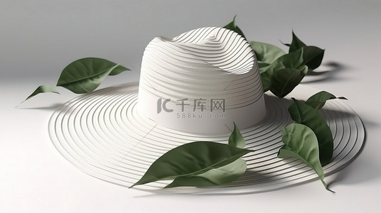 3d 夏季帽子，白色表面上有叶影