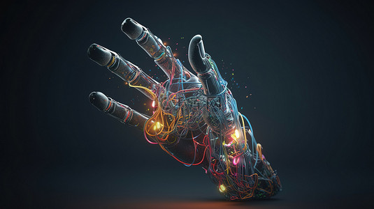 简约的未来概念 3D 渲染人工手，手掌张开，彩色字符串