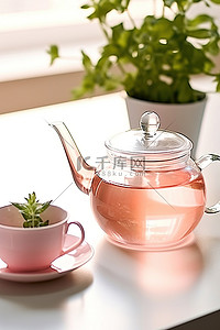 白色桌子上的粉色茶壶，旁边是一些植物