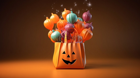 万圣节快乐购物袋中，怪异有趣的彩色气球漂浮在杰克灯笼南瓜旁边