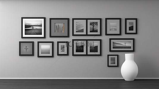 装饰照片墙背景图片_3D 渲染的灰色墙壁装饰着不同尺寸的镶框照片