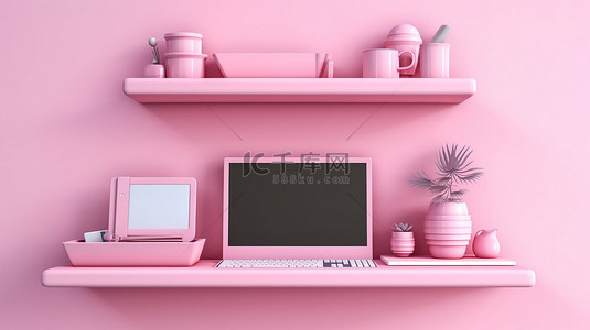 平板手机平板背景图片_粉红色墙架背景，带有笔记本电脑手机平板电脑和电脑的 3D 插图