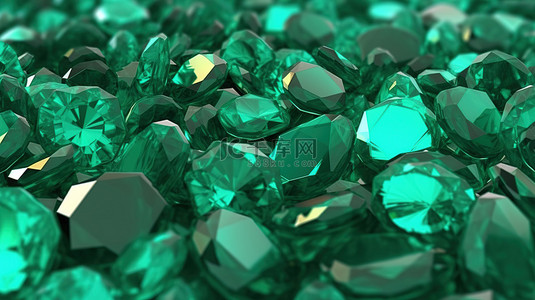 具有祖母绿色调的各种形状宝石的 3D 渲染