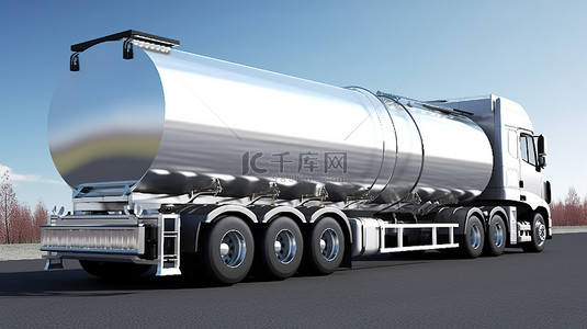 闪亮的银色拖车连接到一辆巨大的白色油罐车上，具有 3D 创建的 360 度视图