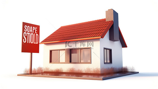 带有红色屋顶和砖墙的现代房屋建筑在白色背景 3D 渲染上出售了房地产概念的标签
