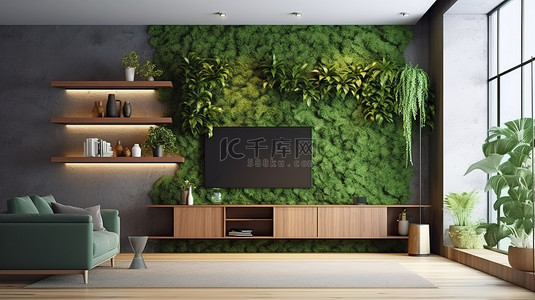 带 3D 渲染电视柜绿化和墙壁的客厅