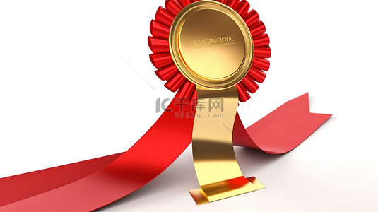 奖章红色背景图片_白色背景展示 3D 渲染的金色奖杯，带有红色玫瑰花结和获胜者标志