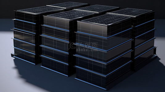 3D 渲染图中堆叠的太阳能电池板