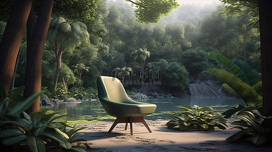 户外休闲椅的 3D 插图，俯瞰混凝土地板上的森林景观