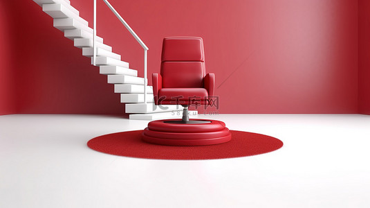 圆形白色基座上的红色皮革行政椅的 3D 渲染，带有台阶和白色背景的红地毯