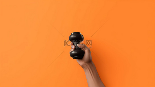 橙色背景插画背景图片_卡通手握着黑色哑铃的 3D 插图，橙色背景下有充足的复制空间