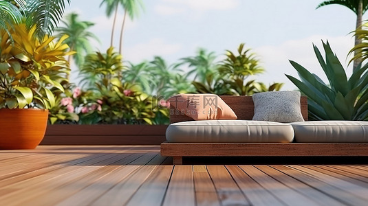 街景公园背景图片_从带沙发长凳的户外休息室露台欣赏宁静公园景观的 3D 插图渲染
