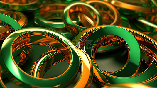难的背景图片_橙色背景上绿色的抽象 3D 渲染金属环