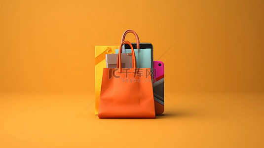 带信用卡和智能手机的购物袋的简约 3D 渲染