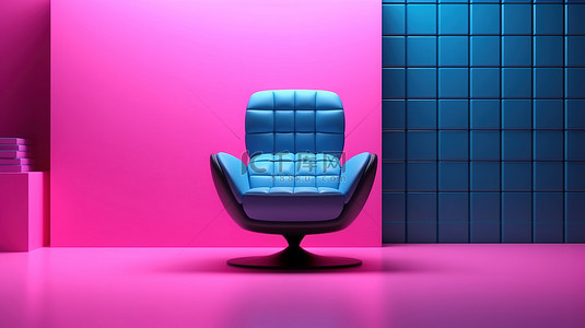 时尚的黑色和蓝色游戏椅，采用粉红色弧线 3D 渲染的未来派环境