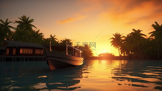 逃离豪华的马尔代夫度假村，迷人的日落宁静的海水和茂密的棕榈树 3D 插图