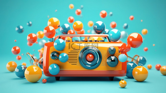 充满活力的蓝色环境，配有 3D 橙色收音机和彩色球