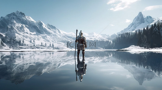 倒计时动画背景图片_冰冻的湖面在 3D 渲染中反映了雪山背景下的中世纪骑士