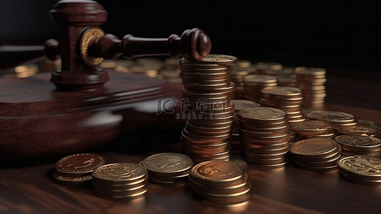 3d 渲染法官的木槌与一堆硬币
