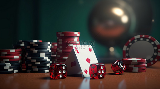 虚拟赌场冒险 3D 插图扑克筹码卡骰子和绿色桌子上的钱