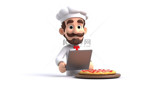 虚拟披萨外卖 3D 角色经销商在白色背景下提供在线订单