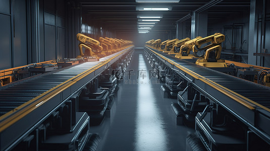 工厂机器人背景图片_配备 3D 渲染机器人机器的输送线