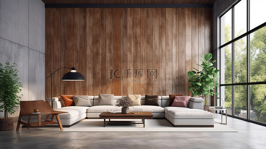 阁楼风格客厅的 3D 渲染，配有抛光混凝土地板和木板墙