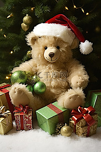 可爱泰迪熊背景图片_圣诞节时戴着绿帽子带着礼物的泰迪熊