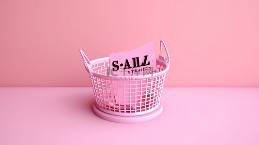 购物概念的粉红色背景销售时间 3d 渲染购物篮印有“销售”文本