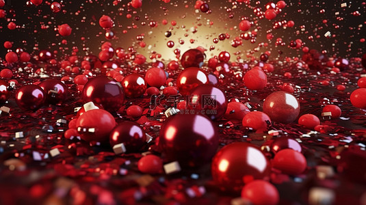 圣诞节或新年的节日背景红色小玩意和五彩纸屑的 3D 渲染