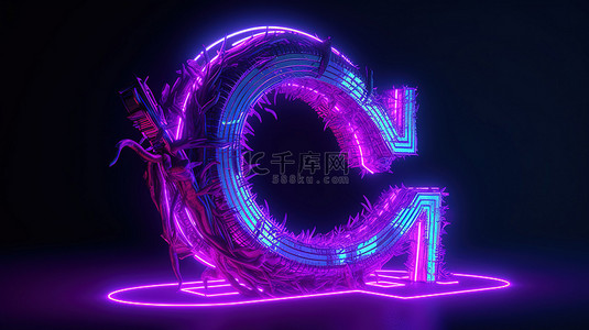 具有发光效果的动态霓虹灯体积图形的紫色 3D 渲染